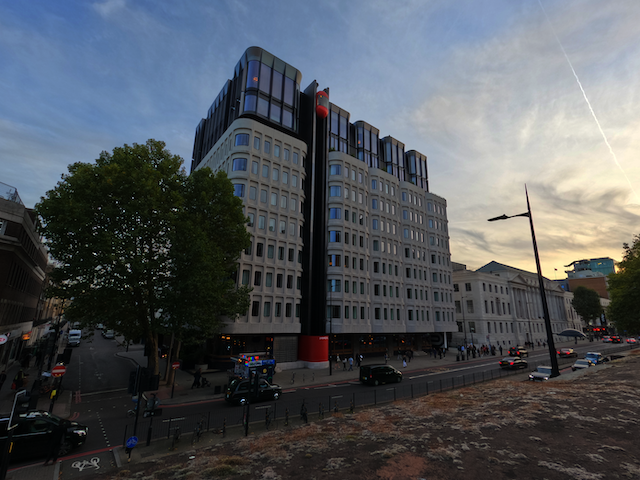 Red elevator building at Euston Road